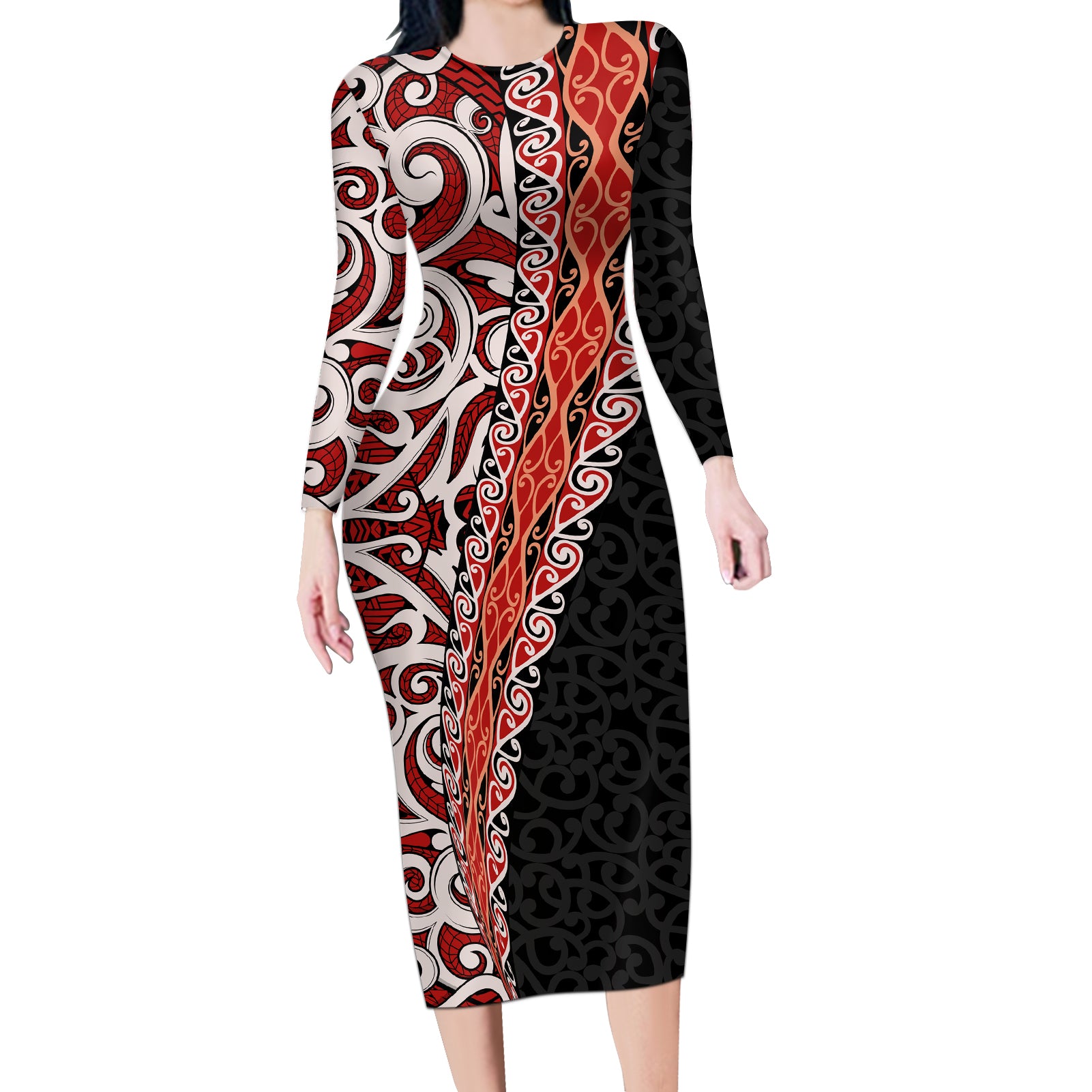 New Zealand Maori Stylized Koru Long Sleeve Bodycon Dress LT03 Long Dress Red - Polynesian Pride