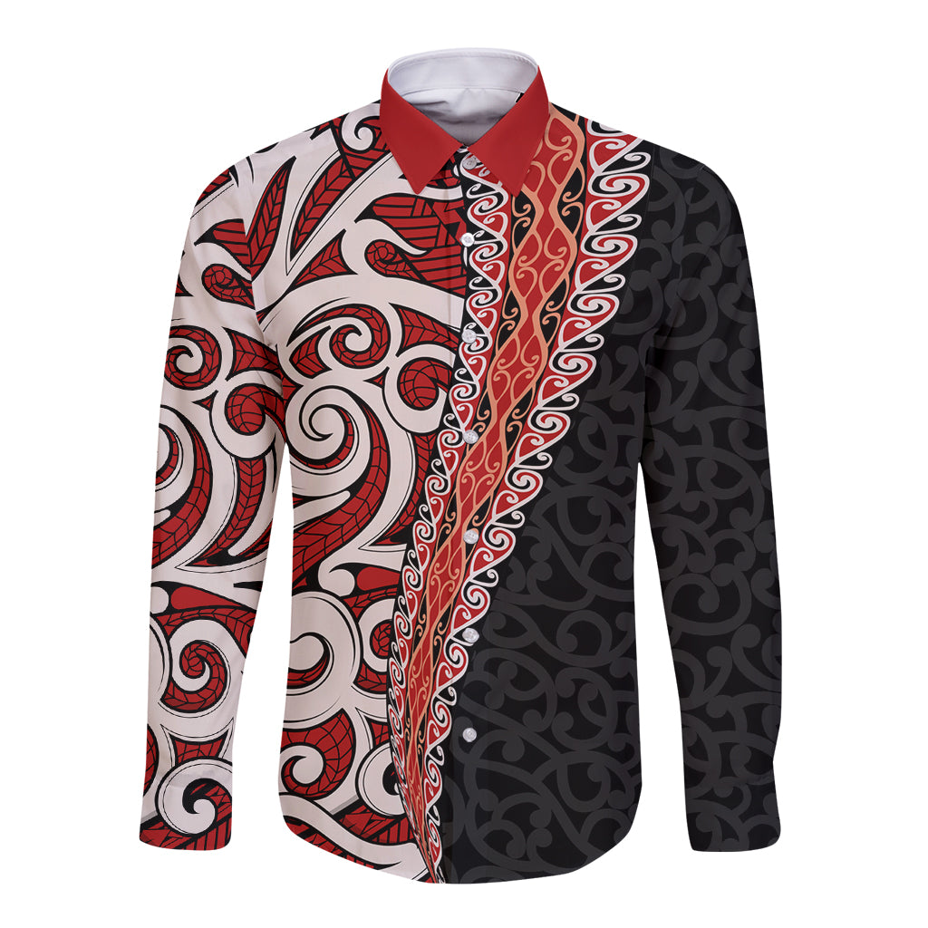 New Zealand Maori Stylized Koru Long Sleeve Button Shirt LT03 Unisex Red - Polynesian Pride