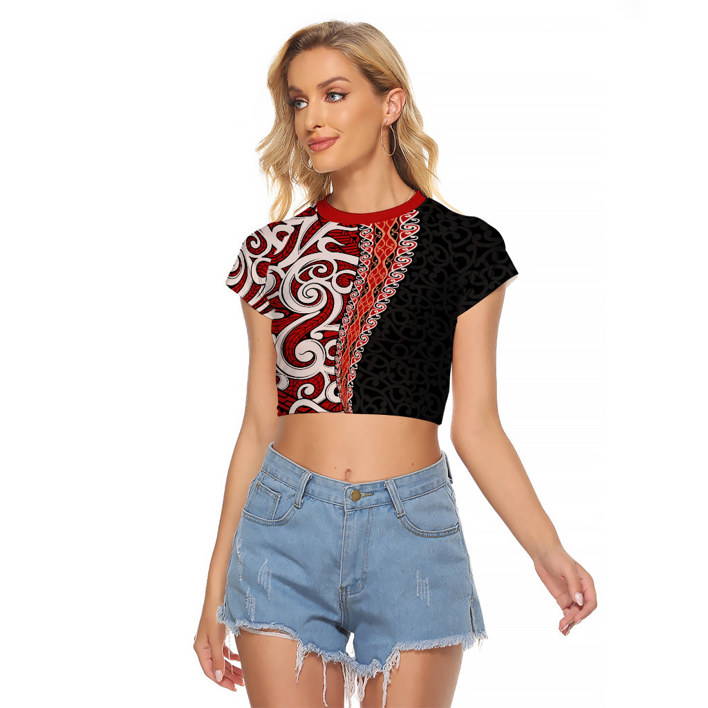 New Zealand Maori Stylized Koru Raglan Cropped T Shirt LT03 Female Red - Polynesian Pride