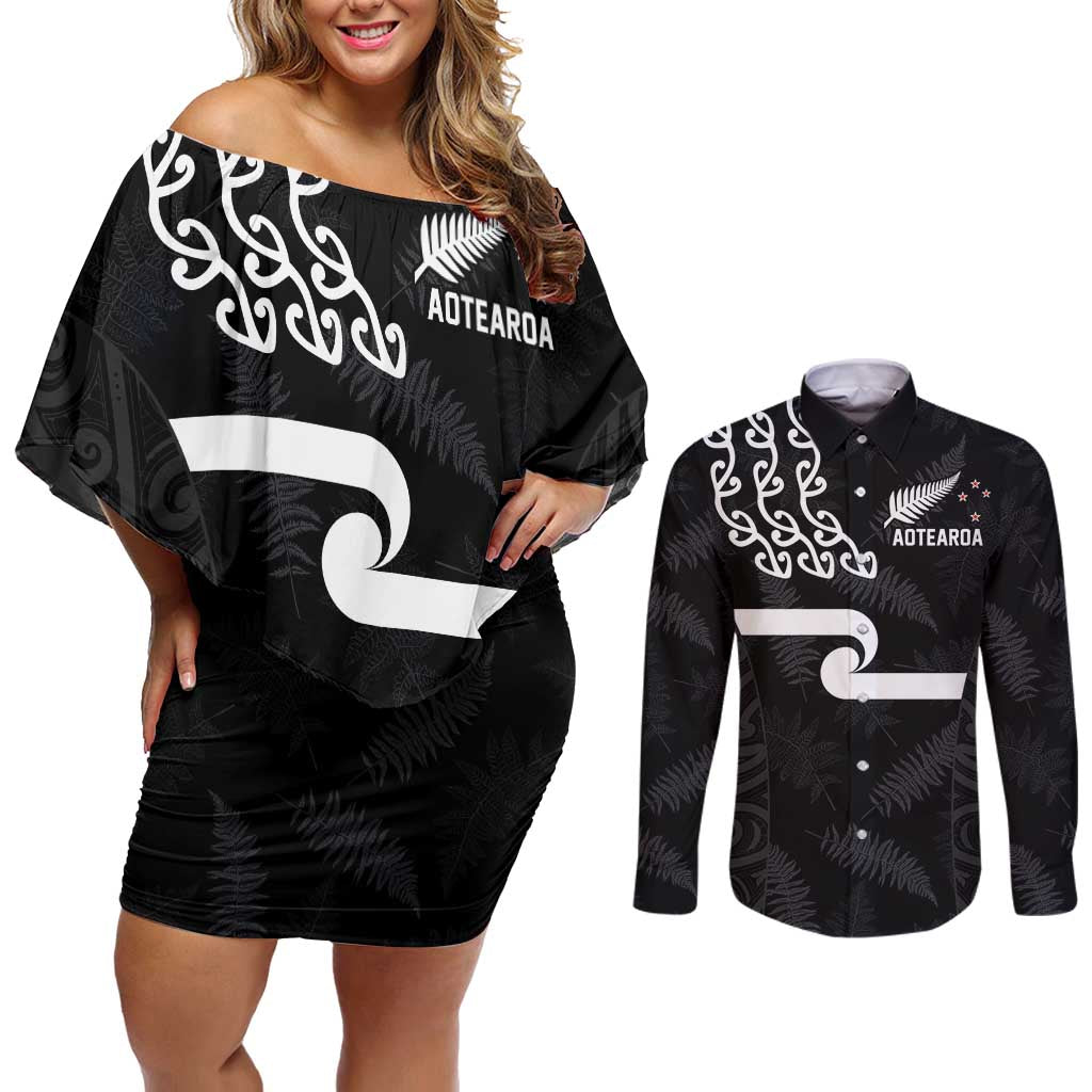 New Zealand Rugby Custom Couples Matching Off Shoulder Short Dress and Long Sleeve Button Shirt The Champions Aotearoa