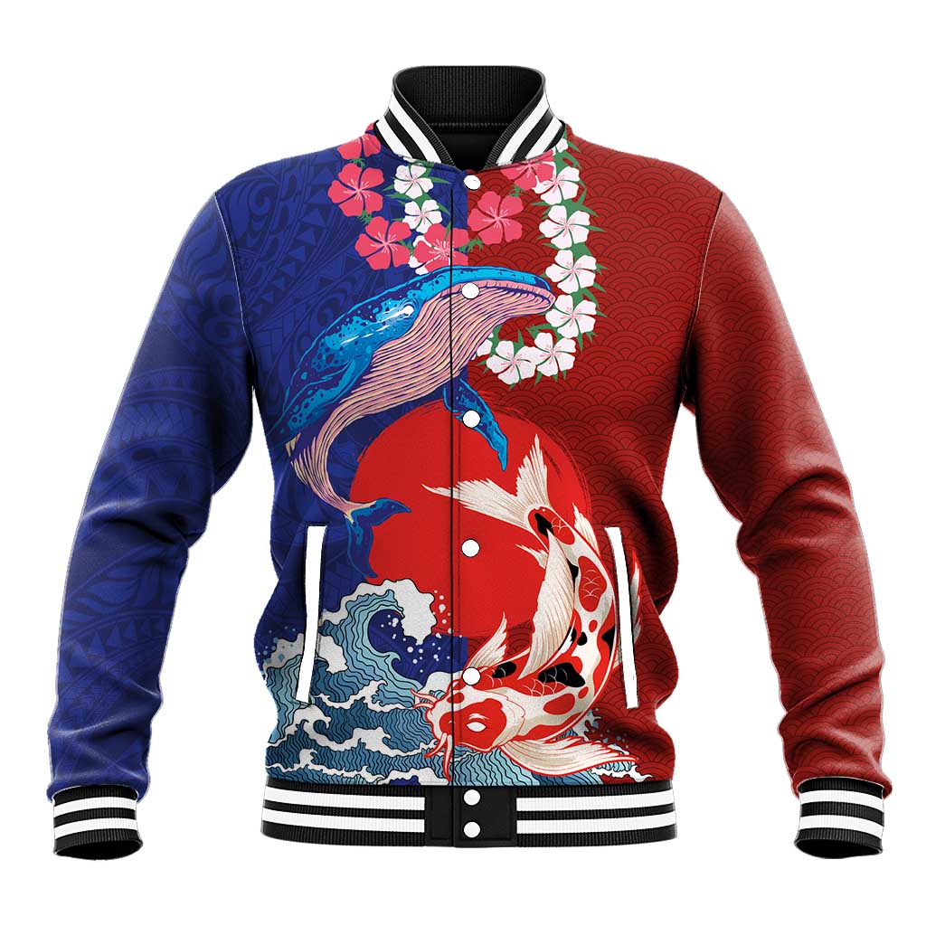 Hawaiian and Japanese Together Baseball Jacket The Whale and Koi Fish with Hinomaru and Lei LT03 Unisex Blue - Polynesian Pride