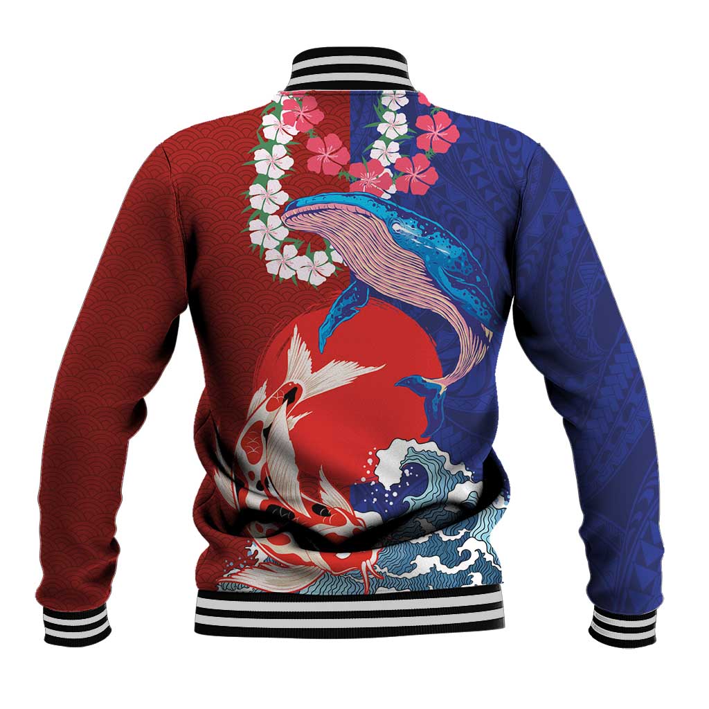 Hawaiian and Japanese Together Baseball Jacket The Whale and Koi Fish with Hinomaru and Lei LT03 - Polynesian Pride