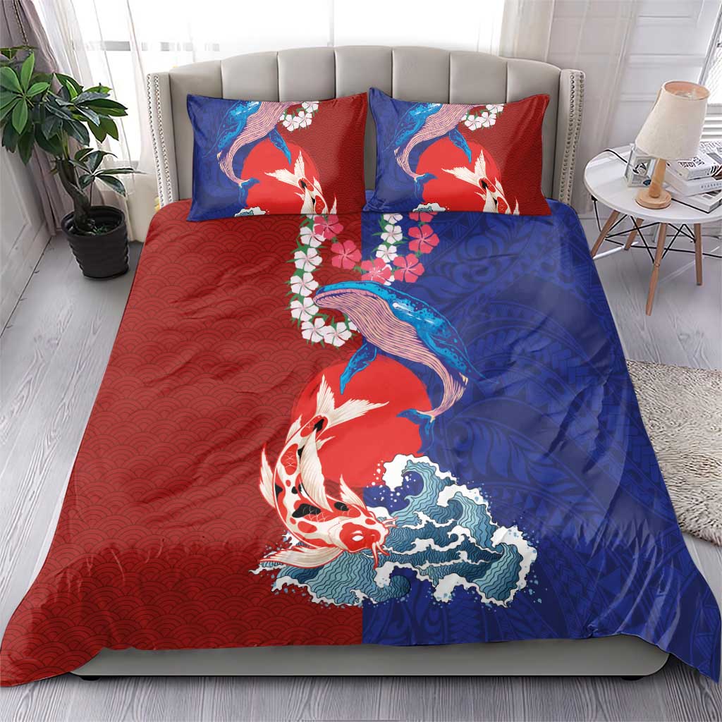Hawaiian and Japanese Together Bedding Set The Whale and Koi Fish with Hinomaru and Lei