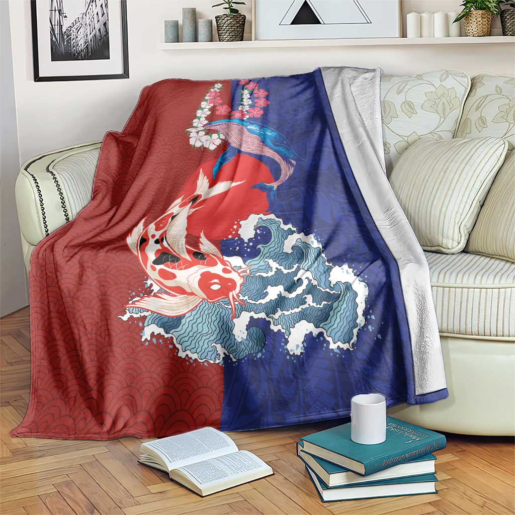 Hawaiian and Japanese Together Blanket The Whale and Koi Fish with Hinomaru and Lei LT03 Blue - Polynesian Pride