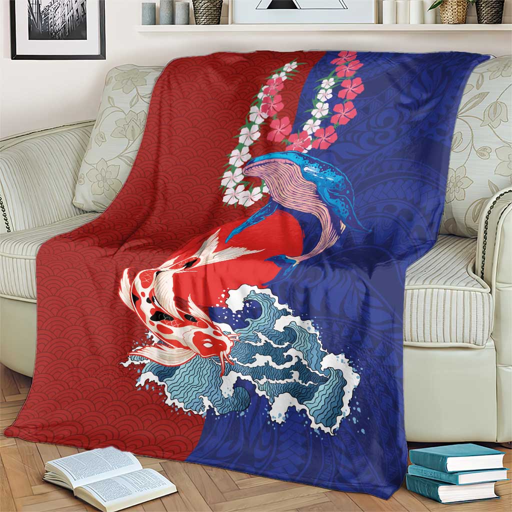 Hawaiian and Japanese Together Blanket The Whale and Koi Fish with Hinomaru and Lei LT03 - Polynesian Pride