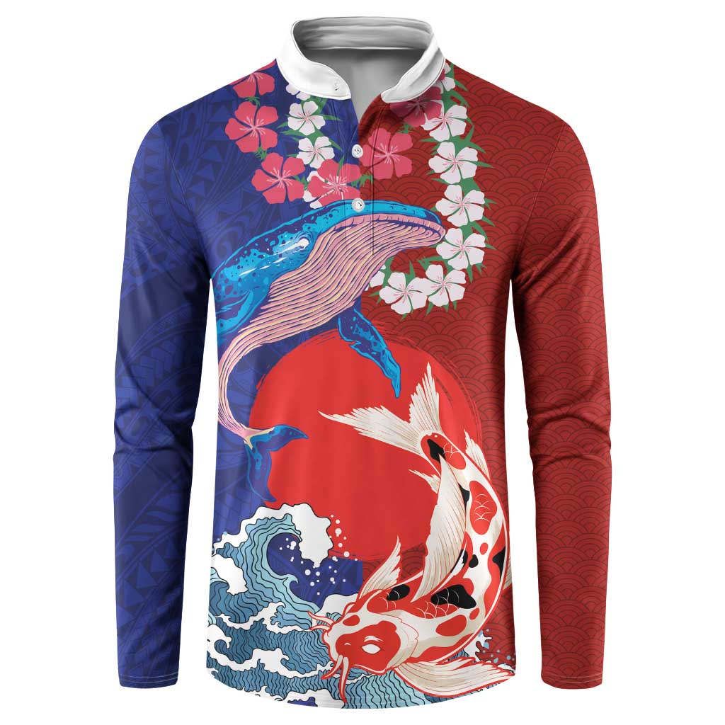 Hawaiian and Japanese Together Button Sweatshirt The Whale and Koi Fish with Hinomaru and Lei LT03 Blue - Polynesian Pride