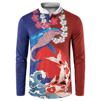 Hawaiian and Japanese Together Button Sweatshirt The Whale and Koi Fish with Hinomaru and Lei LT03 Blue - Polynesian Pride