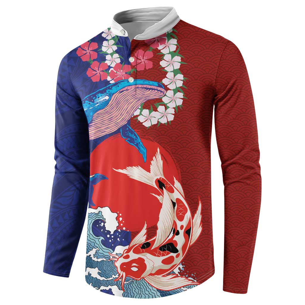 Hawaiian and Japanese Together Button Sweatshirt The Whale and Koi Fish with Hinomaru and Lei LT03 - Polynesian Pride