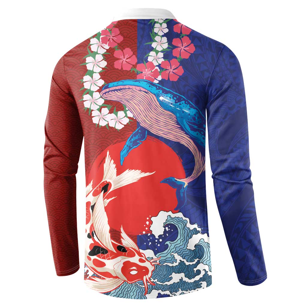 Hawaiian and Japanese Together Button Sweatshirt The Whale and Koi Fish with Hinomaru and Lei LT03 - Polynesian Pride