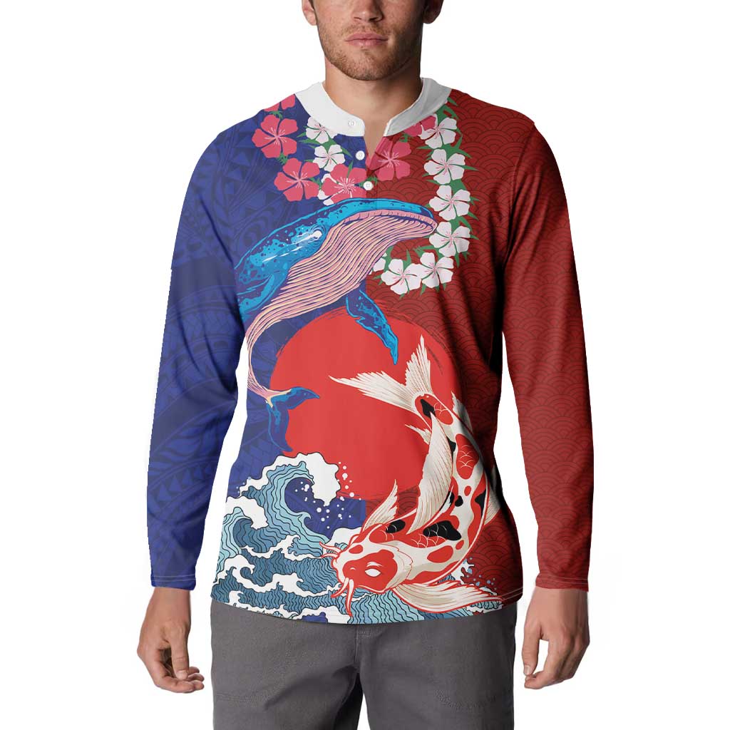 Hawaiian and Japanese Together Button Sweatshirt The Whale and Koi Fish with Hinomaru and Lei LT03 - Polynesian Pride