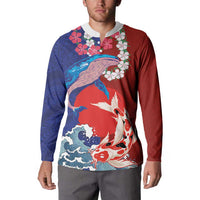 Hawaiian and Japanese Together Button Sweatshirt The Whale and Koi Fish with Hinomaru and Lei LT03 - Polynesian Pride