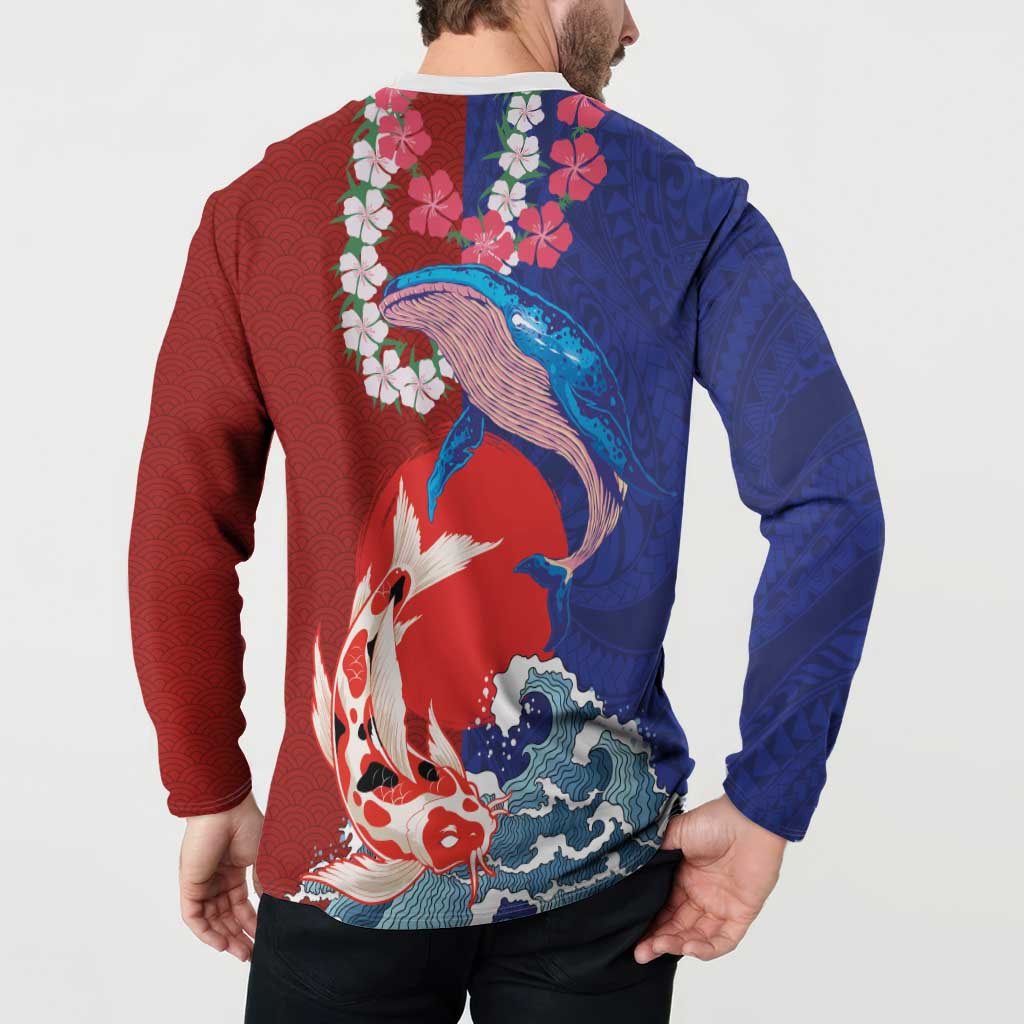 Hawaiian and Japanese Together Button Sweatshirt The Whale and Koi Fish with Hinomaru and Lei LT03 - Polynesian Pride