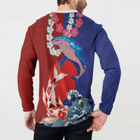 Hawaiian and Japanese Together Button Sweatshirt The Whale and Koi Fish with Hinomaru and Lei LT03 - Polynesian Pride