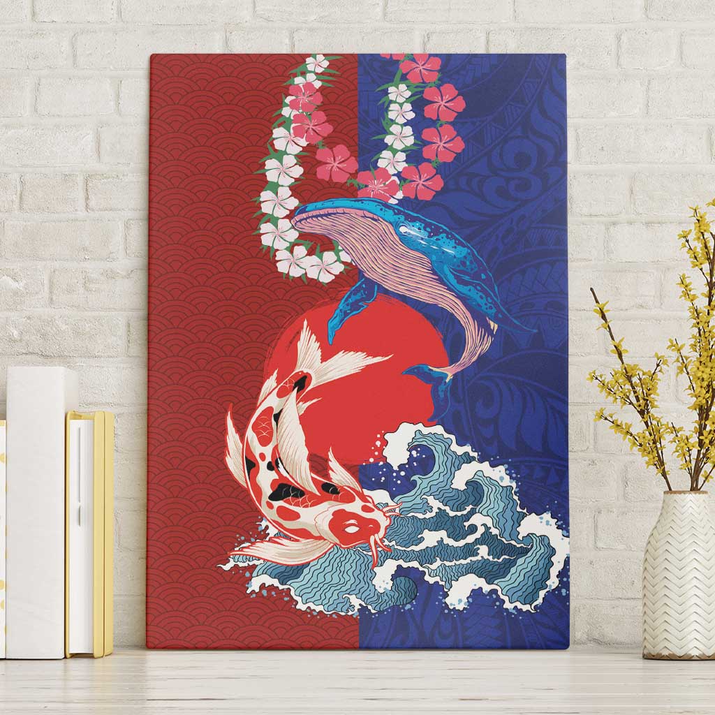 Hawaiian and Japanese Together Canvas Wall Art The Whale and Koi Fish with Hinomaru and Lei LT03 Without Frame Blue - Polynesian Pride