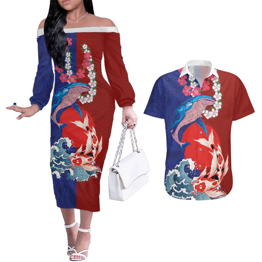 Hawaiian and Japanese Together Couples Matching Off The Shoulder Long Sleeve Dress and Hawaiian Shirt The Whale and Koi Fish with Hinomaru and Lei LT03 Blue - Polynesian Pride