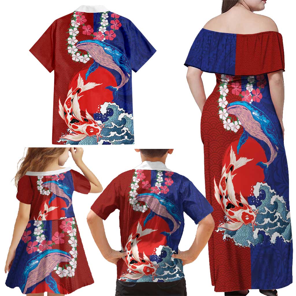 Hawaiian and Japanese Together Family Matching Off Shoulder Maxi Dress and Hawaiian Shirt The Whale and Koi Fish with Hinomaru and Lei