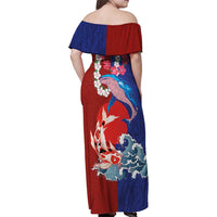Hawaiian and Japanese Together Family Matching Off Shoulder Maxi Dress and Hawaiian Shirt The Whale and Koi Fish with Hinomaru and Lei