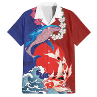 Hawaiian and Japanese Together Family Matching Off Shoulder Short Dress and Hawaiian Shirt The Whale and Koi Fish with Hinomaru and Lei