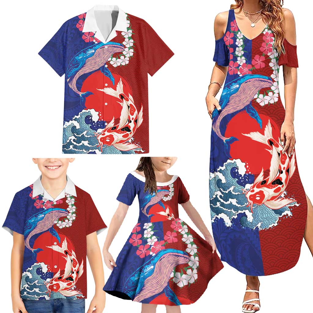 Hawaiian and Japanese Together Family Matching Summer Maxi Dress and Hawaiian Shirt The Whale and Koi Fish with Hinomaru and Lei