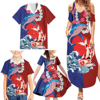 Hawaiian and Japanese Together Family Matching Summer Maxi Dress and Hawaiian Shirt The Whale and Koi Fish with Hinomaru and Lei