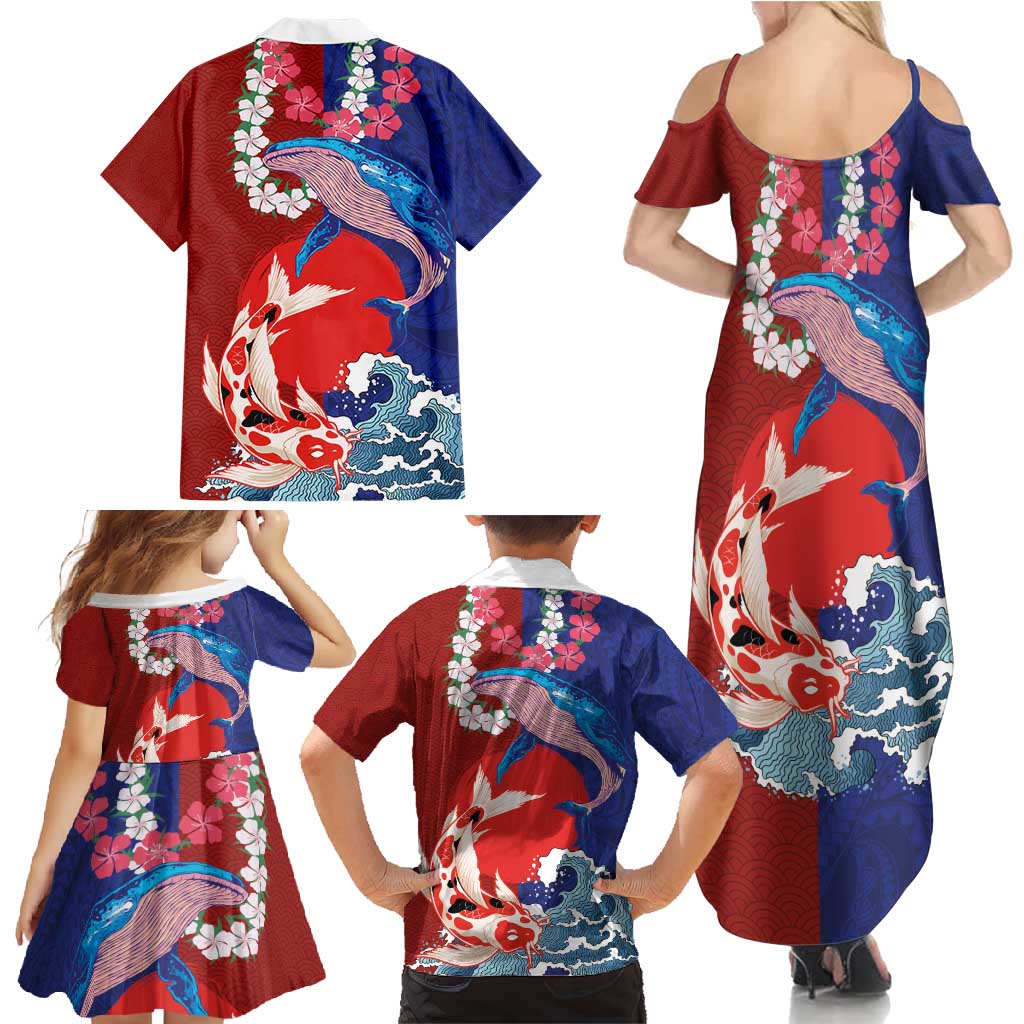 Hawaiian and Japanese Together Family Matching Summer Maxi Dress and Hawaiian Shirt The Whale and Koi Fish with Hinomaru and Lei