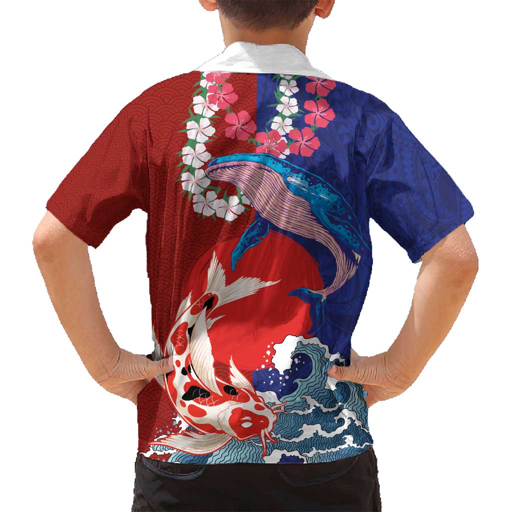 Hawaiian and Japanese Together Family Matching Tank Maxi Dress and Hawaiian Shirt The Whale and Koi Fish with Hinomaru and Lei