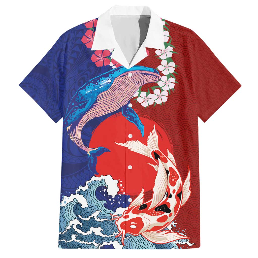 Hawaiian and Japanese Together Hawaiian Shirt The Whale and Koi Fish with Hinomaru and Lei LT03 Blue - Polynesian Pride