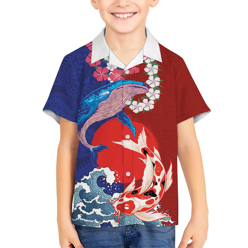 Hawaiian and Japanese Together Hawaiian Shirt The Whale and Koi Fish with Hinomaru and Lei LT03 - Polynesian Pride