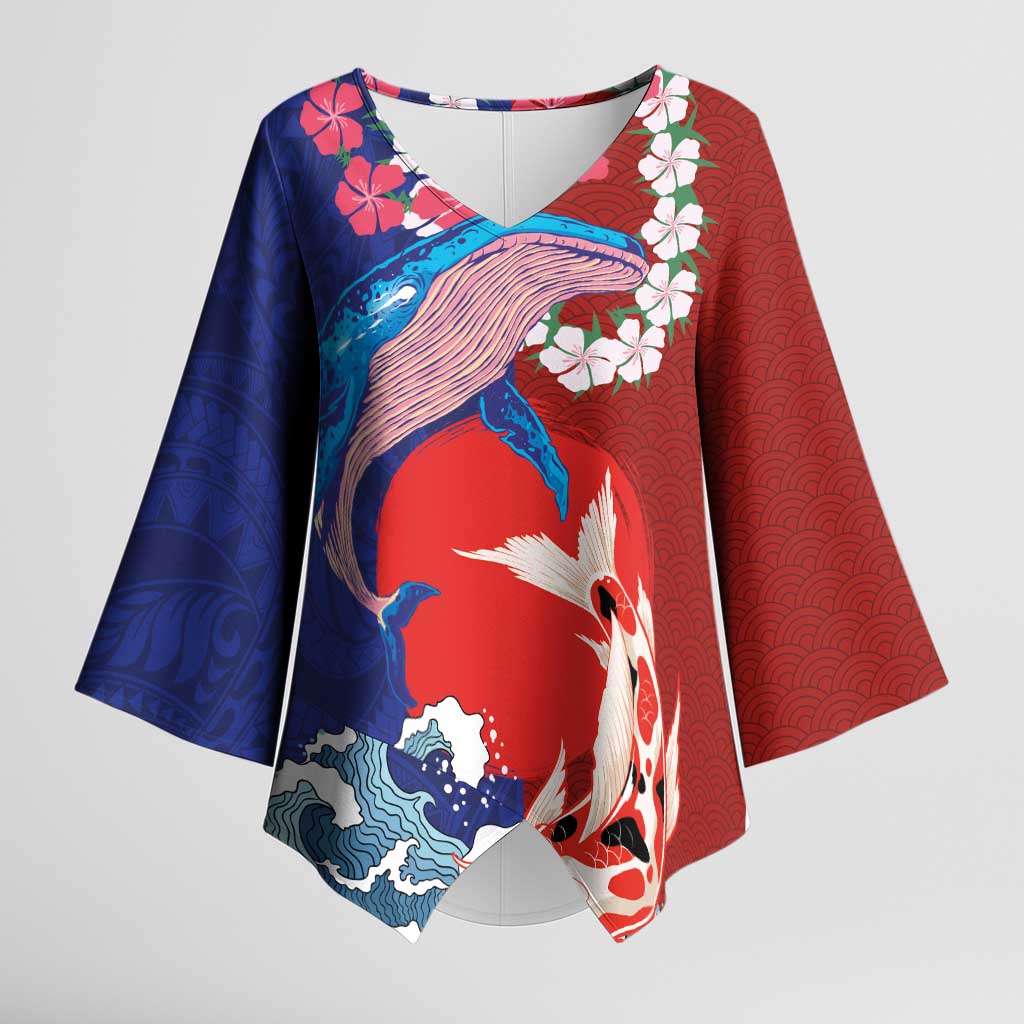 Hawaiian and Japanese Together Kimono Sleeve Blouse The Whale and Koi Fish with Hinomaru and Lei - Polynesian Pride