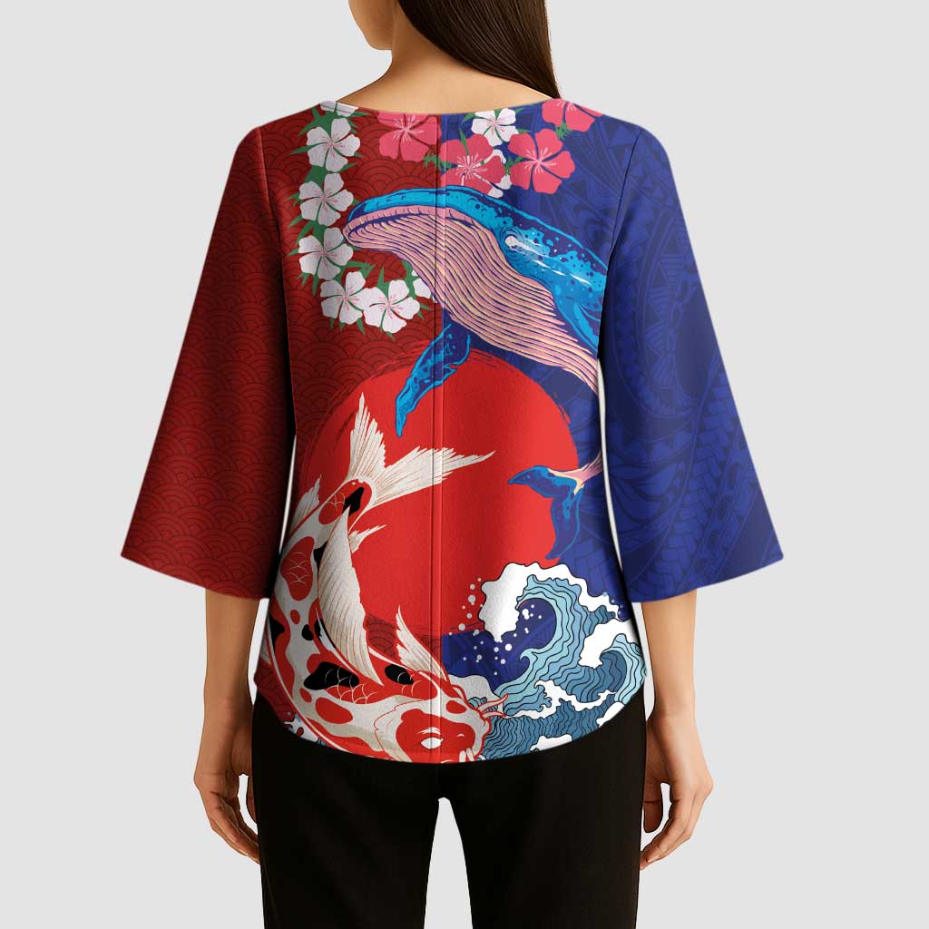 Hawaiian and Japanese Together Kimono Sleeve Blouse The Whale and Koi Fish with Hinomaru and Lei - Polynesian Pride
