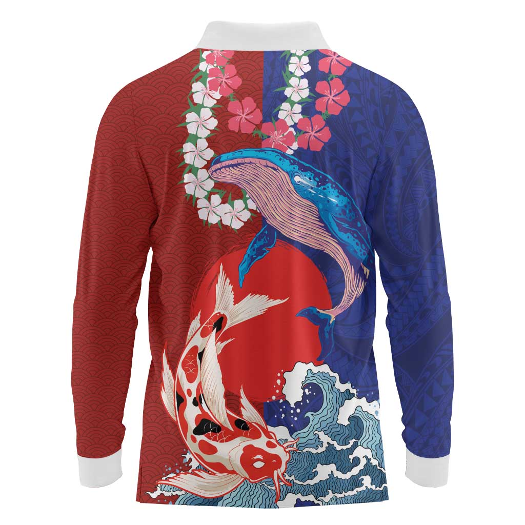 Hawaiian and Japanese Together Long Sleeve Polo Shirt The Whale and Koi Fish with Hinomaru and Lei