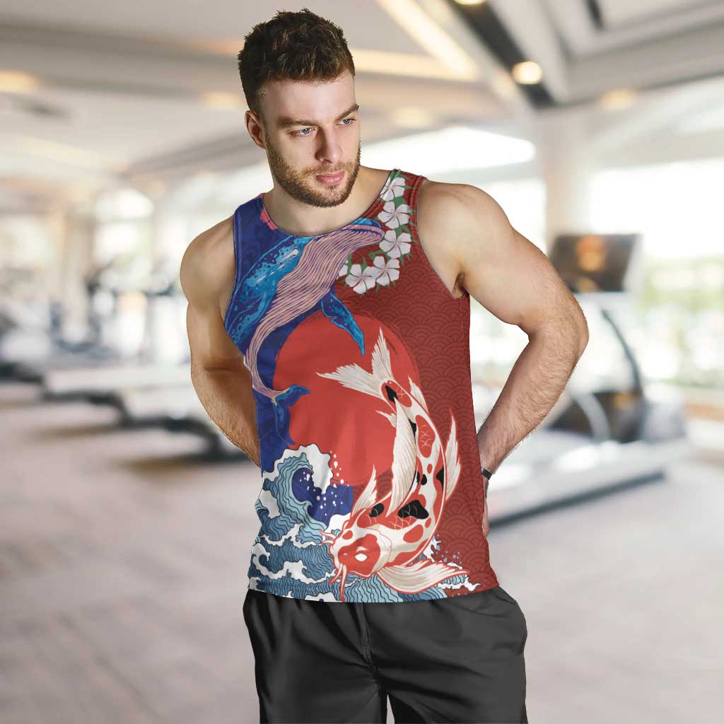 Hawaiian and Japanese Together Men Tank Top The Whale and Koi Fish with Hinomaru and Lei LT03 Blue - Polynesian Pride