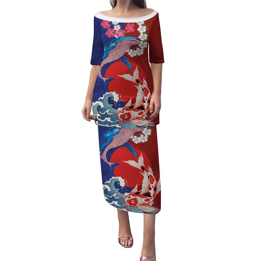 Hawaiian and Japanese Together Puletasi The Whale and Koi Fish with Hinomaru and Lei LT03 Long Dress Blue - Polynesian Pride