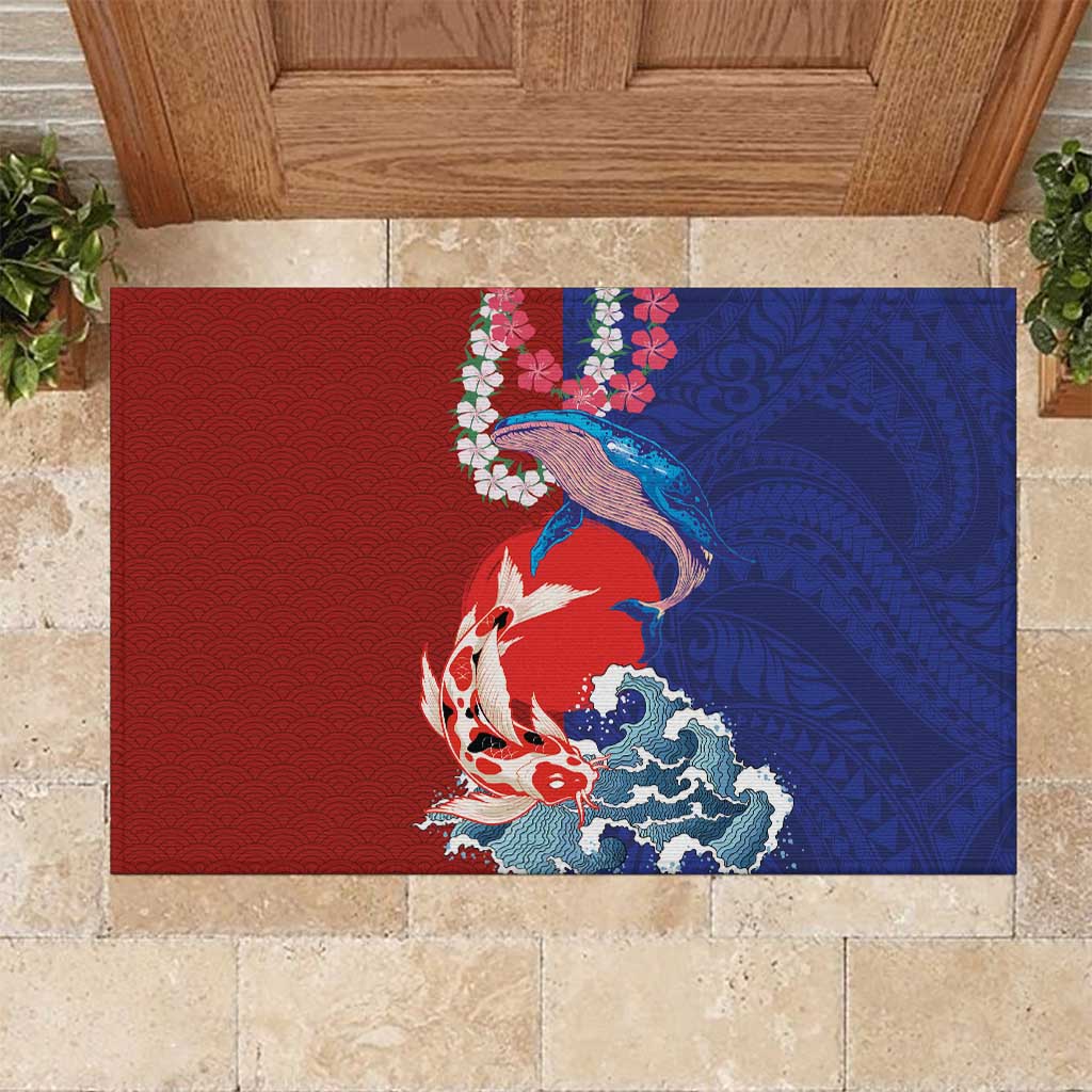 Hawaiian and Japanese Together Rubber Doormat The Whale and Koi Fish with Hinomaru and Lei LT03 Blue - Polynesian Pride