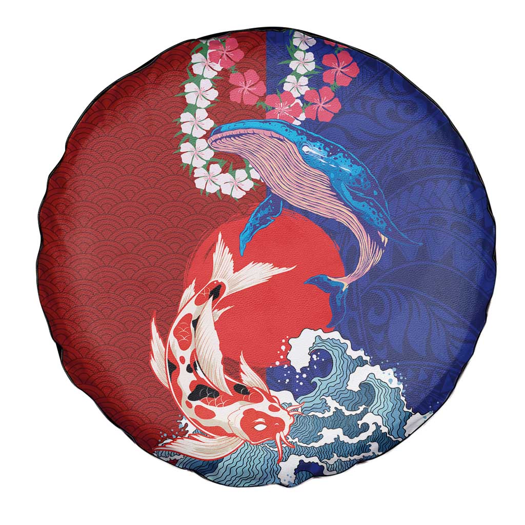 Hawaiian and Japanese Together Spare Tire Cover The Whale and Koi Fish with Hinomaru and Lei