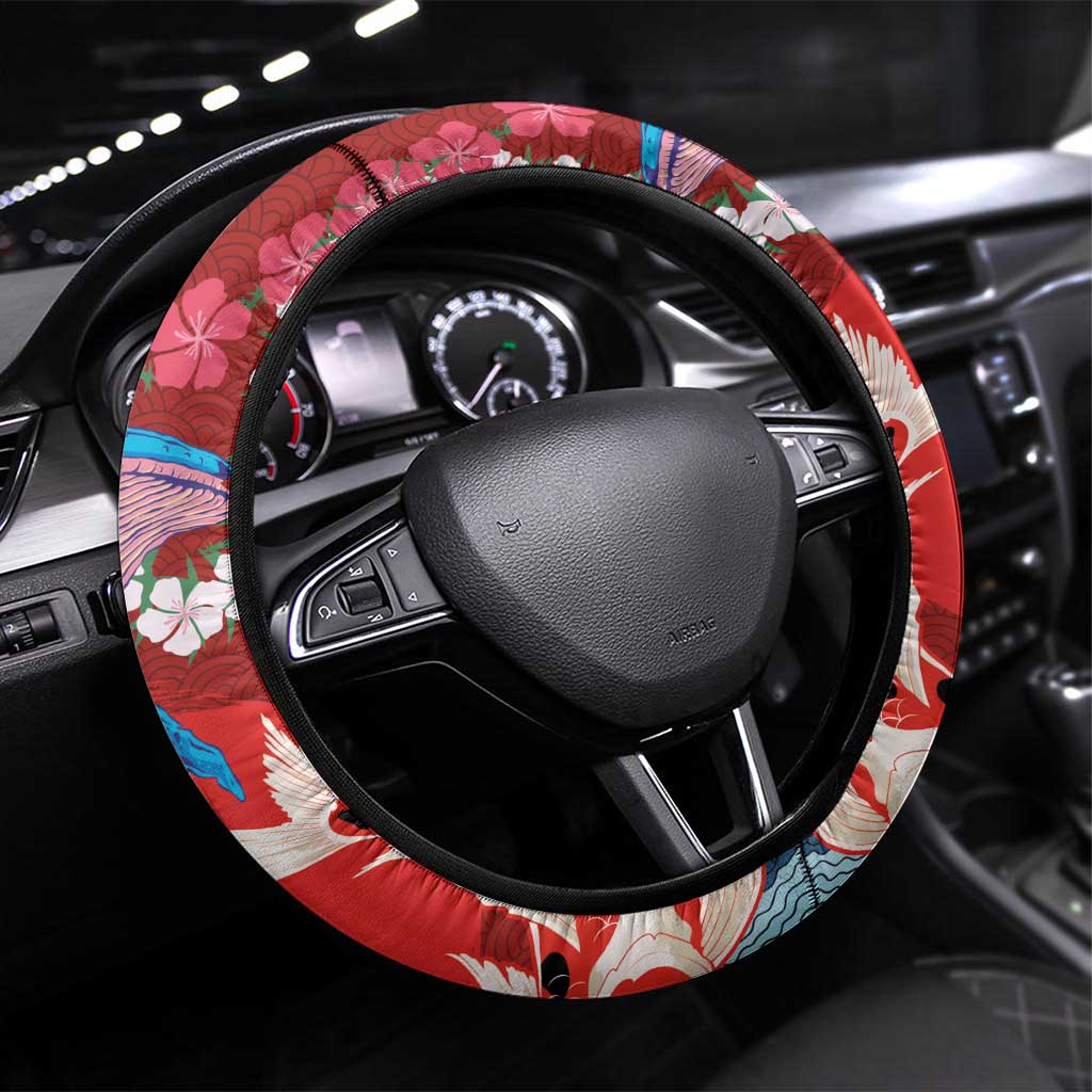 Hawaiian and Japanese Together Steering Wheel Cover The Whale and Koi Fish with Hinomaru and Lei LT03 Universal Fit Blue - Polynesian Pride