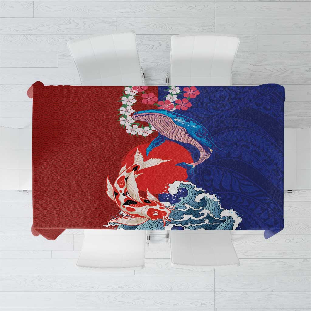 Hawaiian and Japanese Together Tablecloth The Whale and Koi Fish with Hinomaru and Lei LT03 Blue - Polynesian Pride