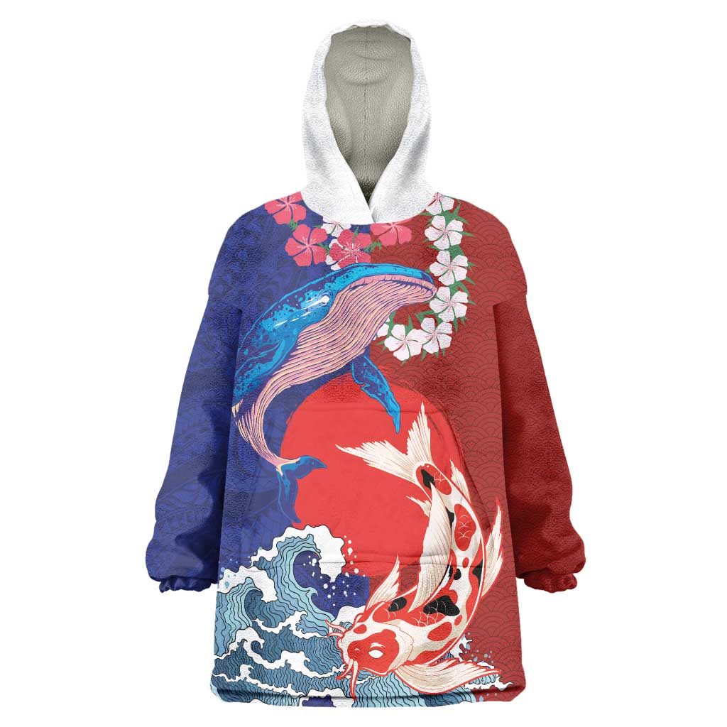 Hawaiian and Japanese Together Wearable Blanket Hoodie The Whale and Koi Fish with Hinomaru and Lei LT03 One Size Blue - Polynesian Pride