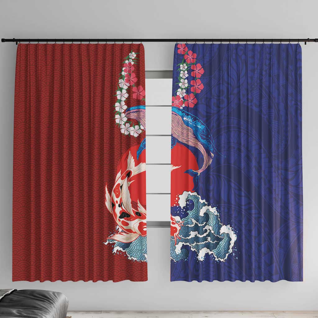 Hawaiian and Japanese Together Window Curtain The Whale and Koi Fish with Hinomaru and Lei LT03 With Hooks Blue - Polynesian Pride