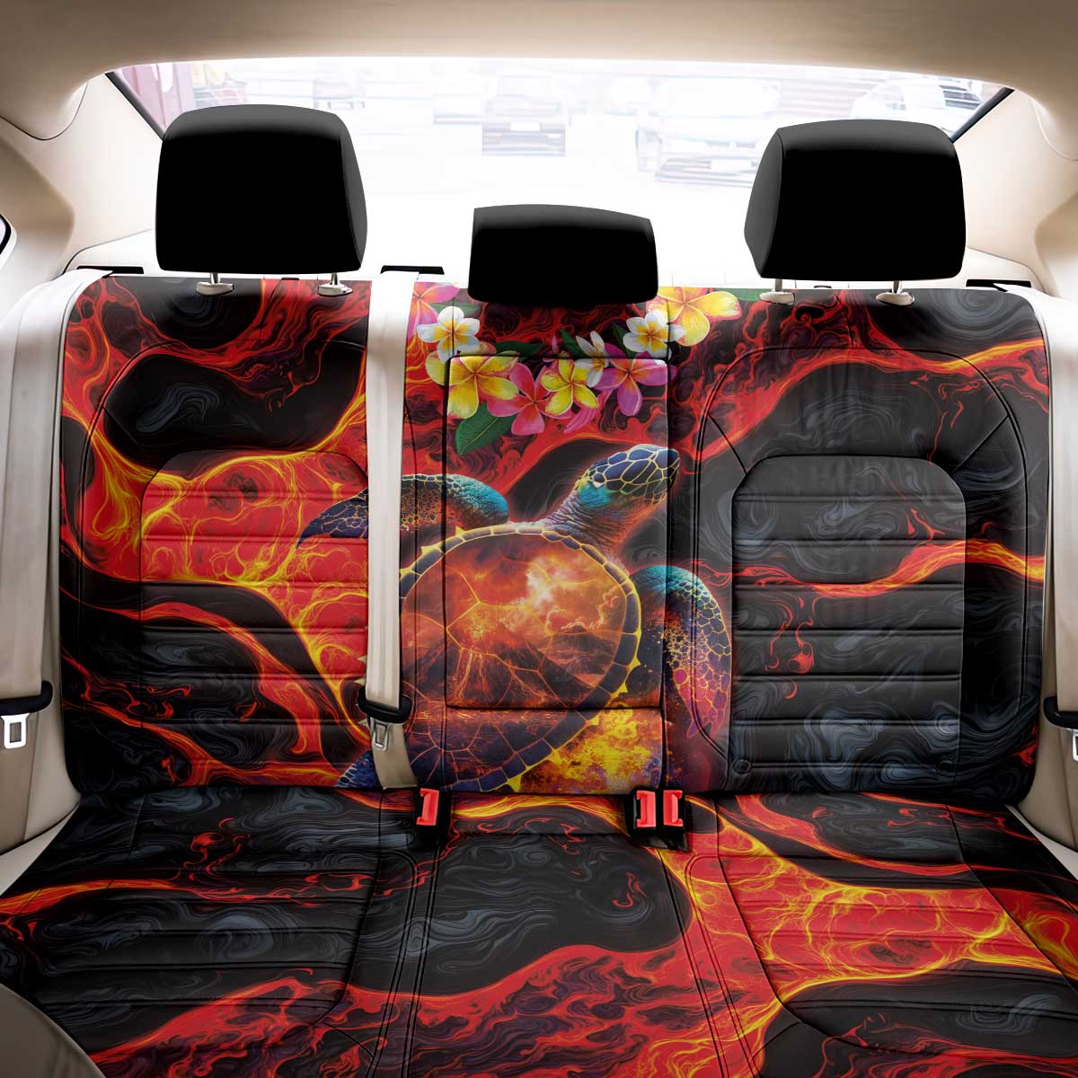 Hawaiian Turtle with Volcanic Eruption Back Car Seat Cover Hibiscus Lei and Lava Flow an Abstract Texture