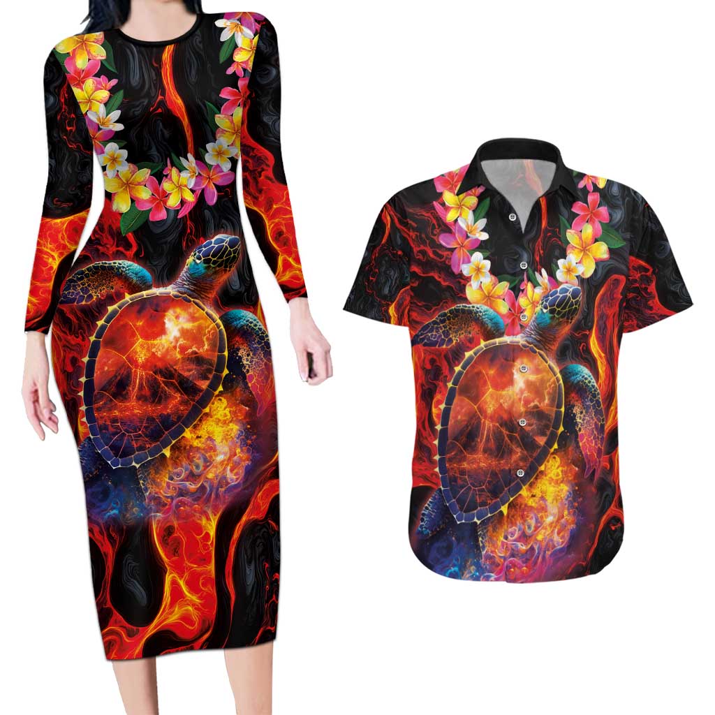 Hawaiian Turtle with Volcanic Eruption Couples Matching Long Sleeve Bodycon Dress and Hawaiian Shirt Hibiscus Lei and Lava Flow an Abstract Texture