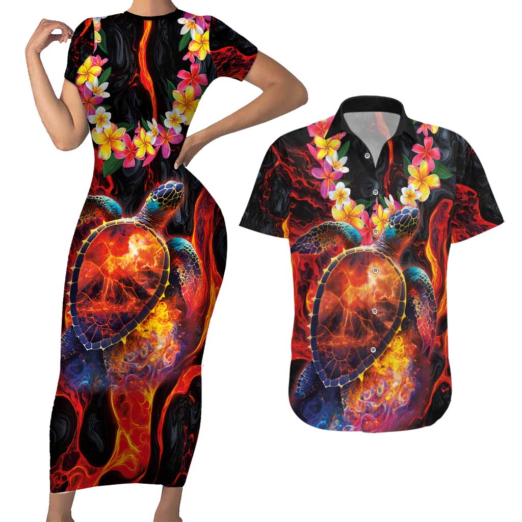 Hawaiian Turtle with Volcanic Eruption Couples Matching Short Sleeve Bodycon Dress and Hawaiian Shirt Hibiscus Lei and Lava Flow an Abstract Texture