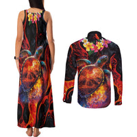 Hawaiian Turtle with Volcanic Eruption Couples Matching Tank Maxi Dress and Long Sleeve Button Shirt Hibiscus Lei and Lava Flow an Abstract Texture