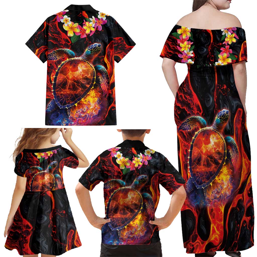 Hawaiian Turtle with Volcanic Eruption Family Matching Off Shoulder Maxi Dress and Hawaiian Shirt Hibiscus Lei and Lava Flow an Abstract Texture