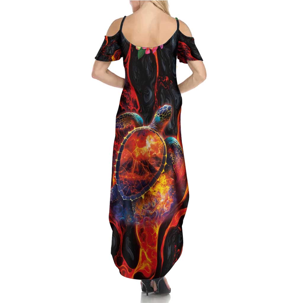 Hawaiian Turtle with Volcanic Eruption Family Matching Summer Maxi Dress and Hawaiian Shirt Hibiscus Lei and Lava Flow an Abstract Texture