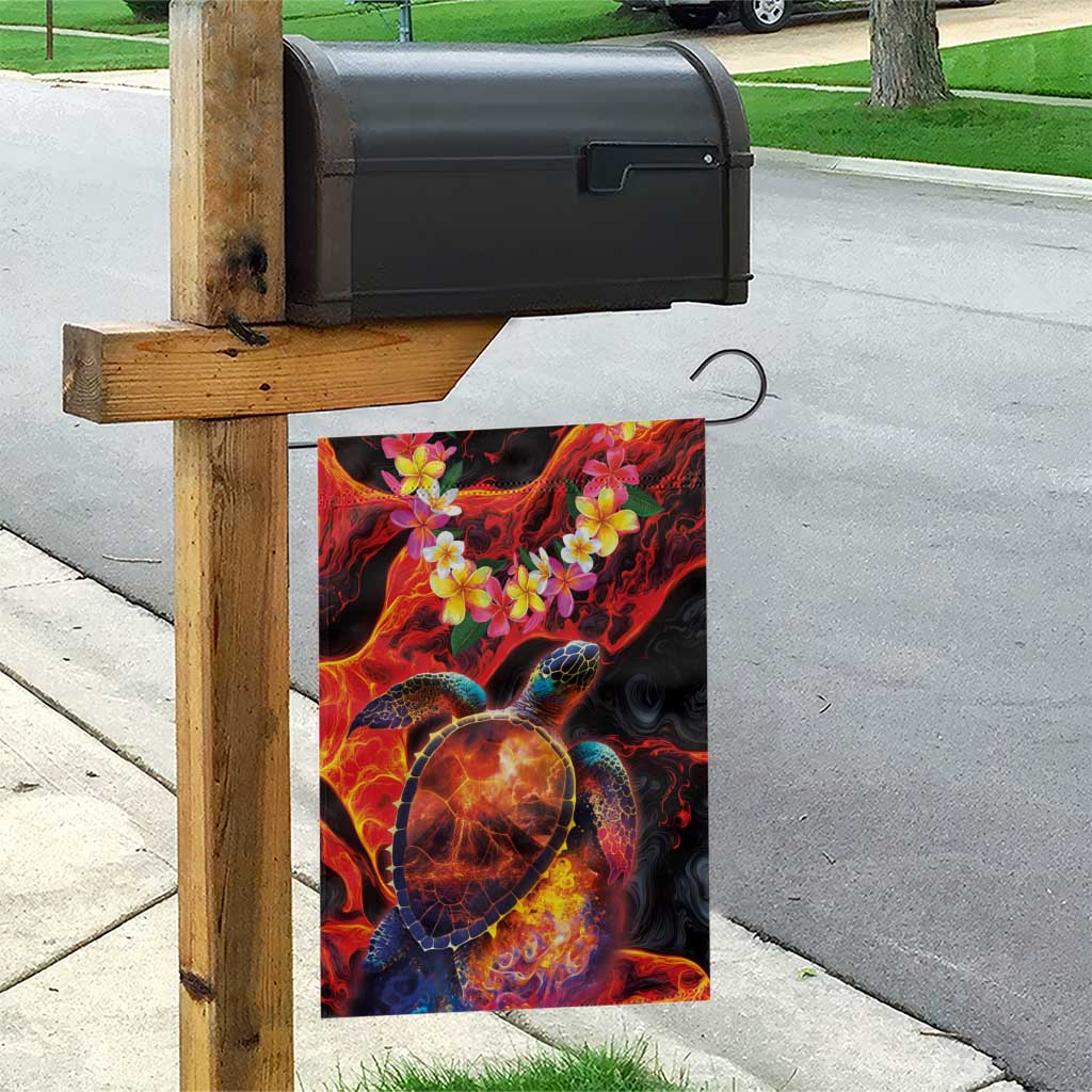 Hawaiian Turtle with Volcanic Eruption Garden Flag Hibiscus Lei and Lava Flow an Abstract Texture