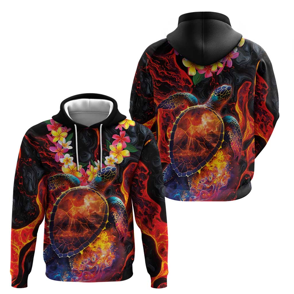 Hawaiian Turtle with Volcanic Eruption Hoodie Hibiscus Lei and Lava Flow an Abstract Texture