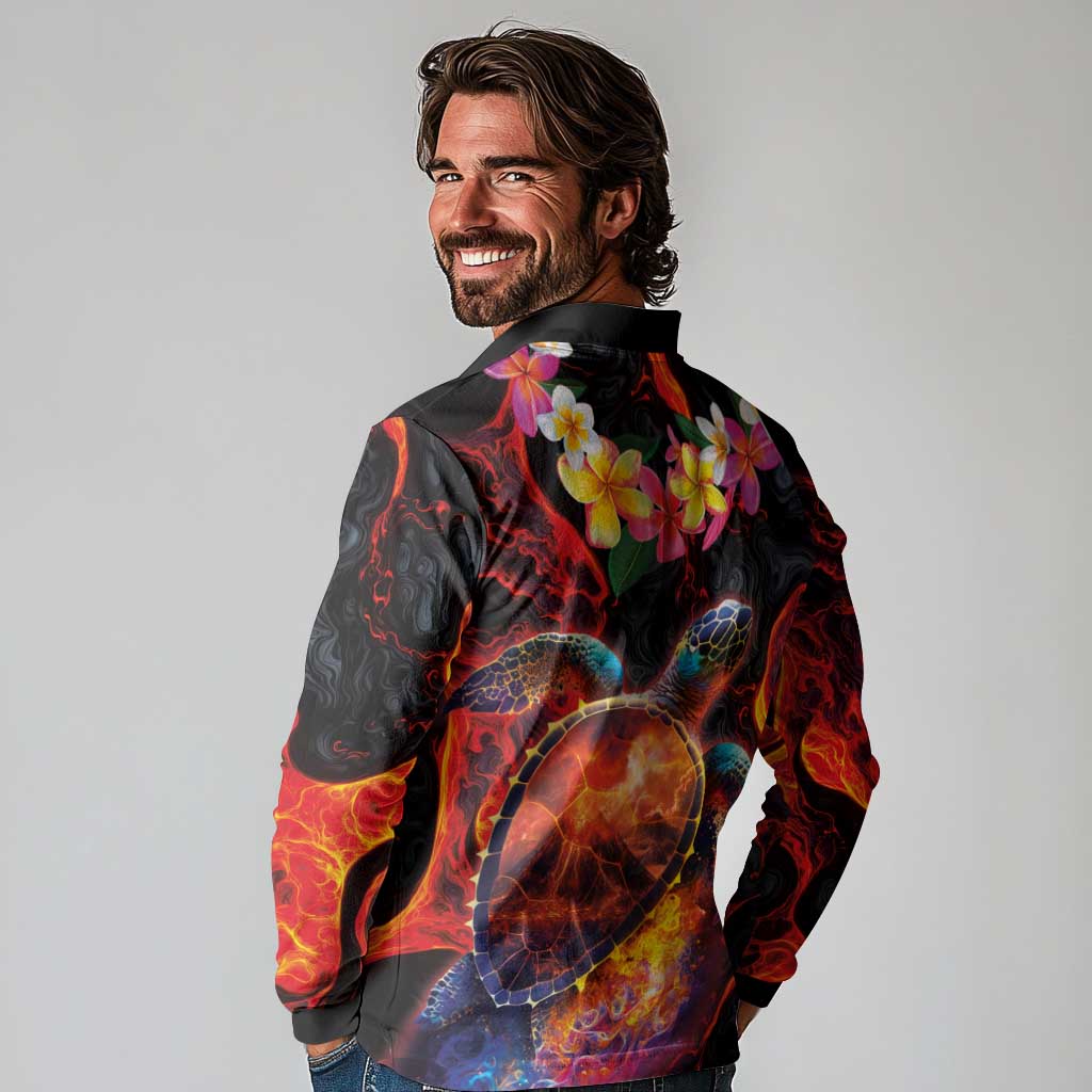 Hawaiian Turtle with Volcanic Eruption Long Sleeve Polo Shirt Hibiscus Lei and Lava Flow an Abstract Texture