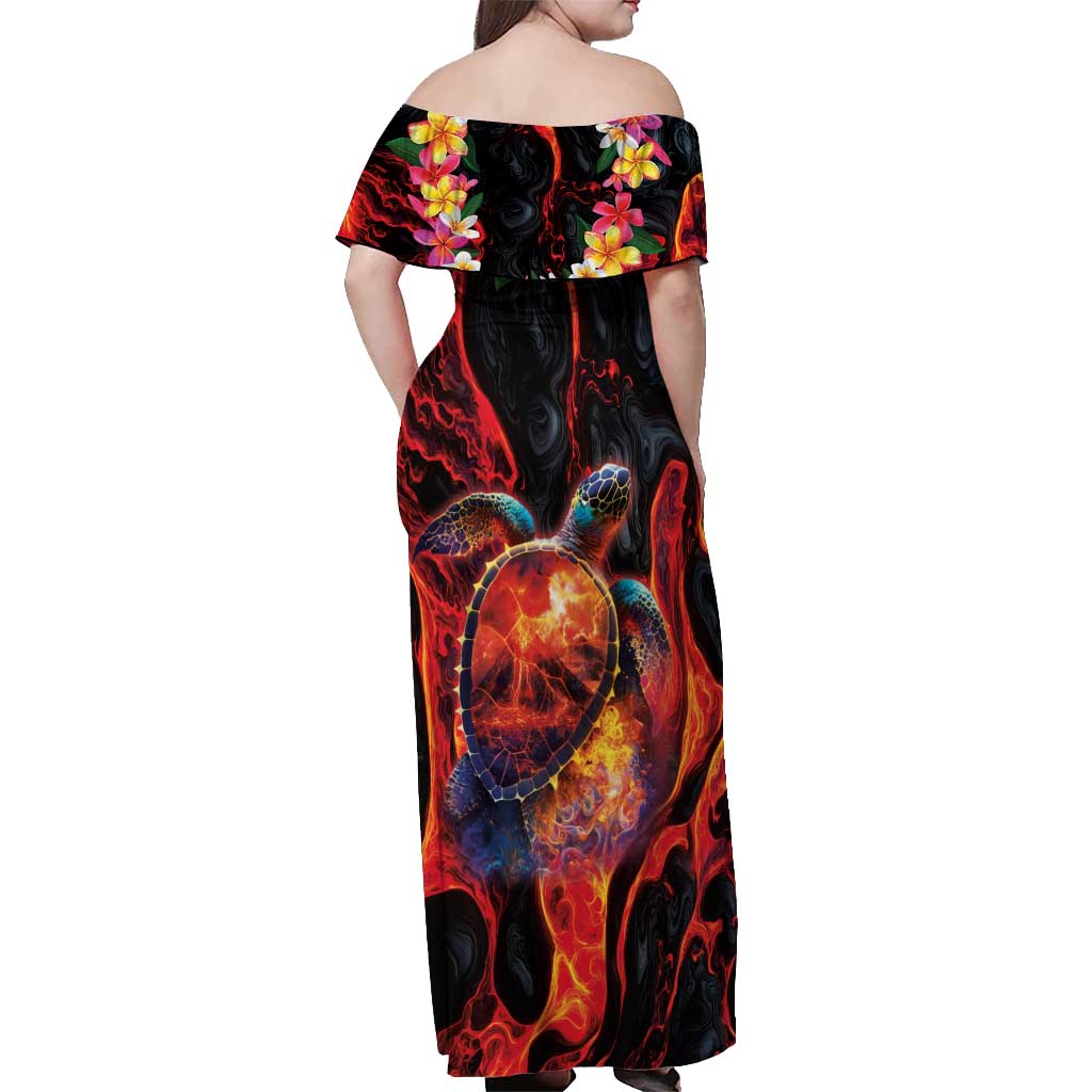 Hawaiian Turtle with Volcanic Eruption Off Shoulder Maxi Dress Hibiscus Lei and Lava Flow an Abstract Texture