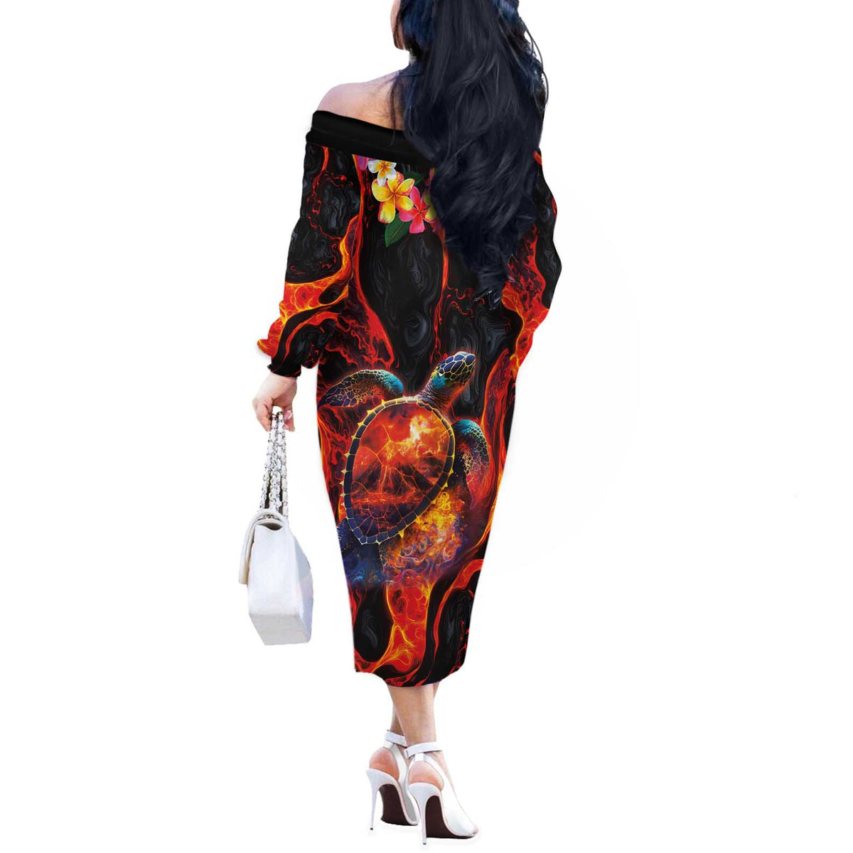 Hawaiian Turtle with Volcanic Eruption Off The Shoulder Long Sleeve Dress Hibiscus Lei and Lava Flow an Abstract Texture